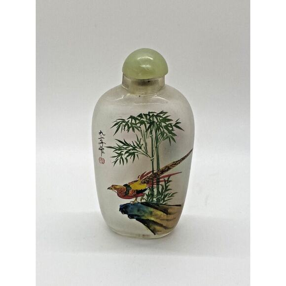 Antique Chinese Reverse Art Bottle | Inside Painted Glass Birds Cherry Blossoms - Picture 12 of 12